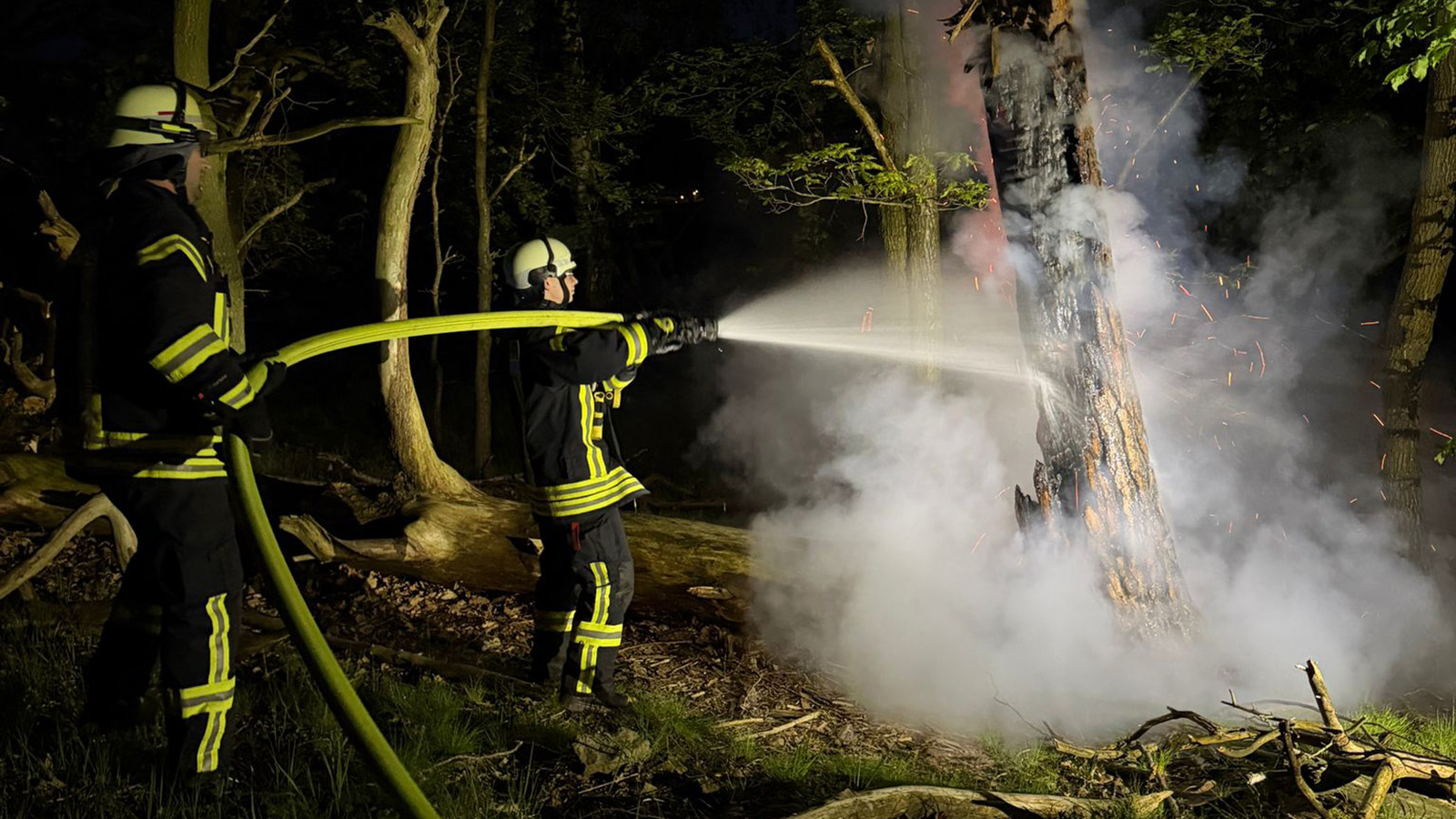 Feuer im Birkholz: 30 Einsatzkräfte kämpfen sich mit langer Schlauchleitung zum Brandort vor