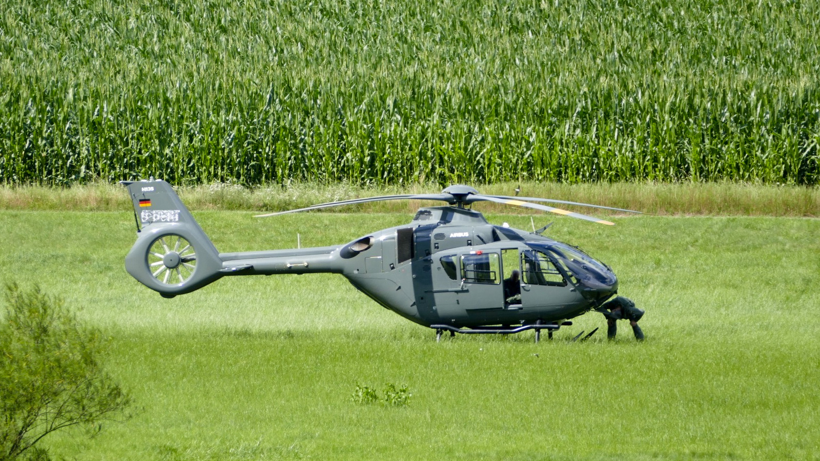 Vogelschlag zwingt Bundeswehr-Hubschrauber zur Landung auf den Weserwiesen bei Pegestorf